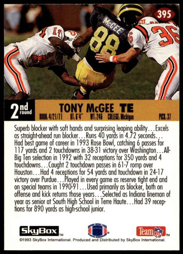 1993 SkyBox Impact Tony McGee #395 (Back)
