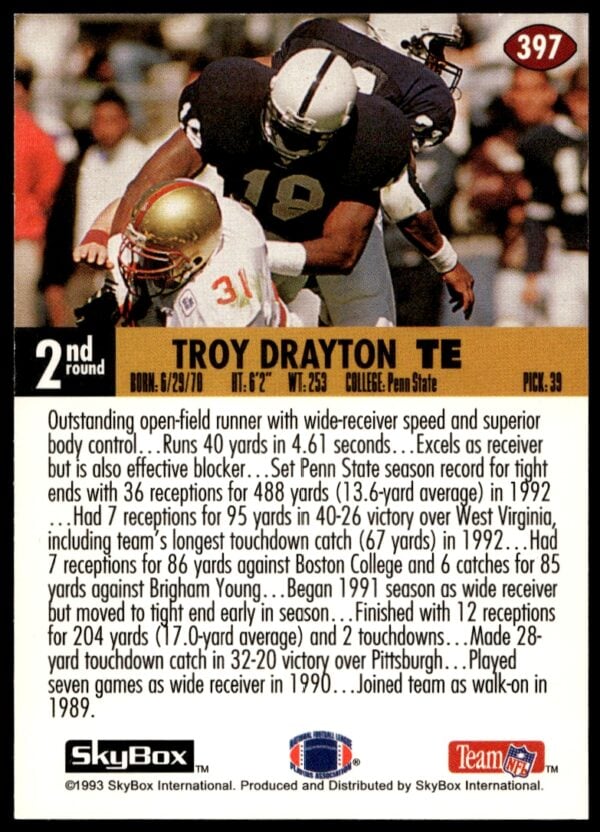 1993 SkyBox Impact Troy Drayton #397 (Back)