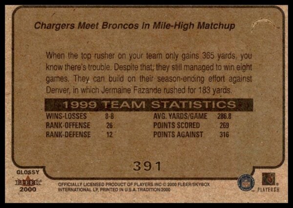 2000 Fleer Tradition Glossy Chargers Meet Broncos in Mile-High Matchup #391 (Back)