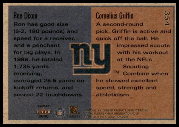 2000 Fleer Tradition Glossy Cornelius Griffin / Ron Dixon #354 (Back)