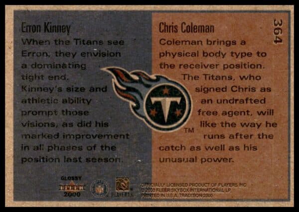 2000 Fleer Tradition Glossy Erron Kinney / Chris Coleman #364 (Back)