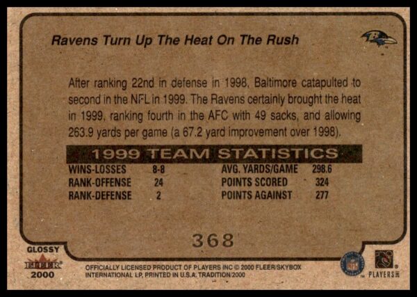 2000 Fleer Tradition Glossy Ravens Turn Up the Heat on the Rush #368 (Back)