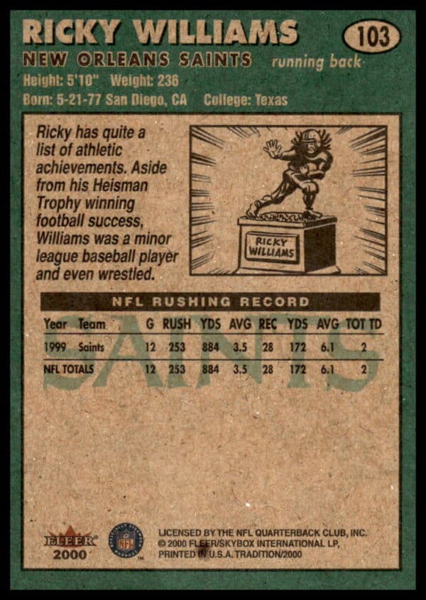 2000 Fleer Tradition Ricky Williams #103 (Back)