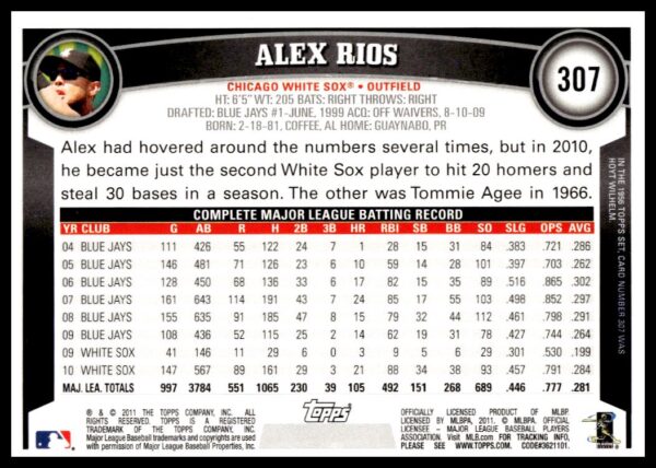 2011 Topps Alex Rios Diamond Anniversary #307 (Back)