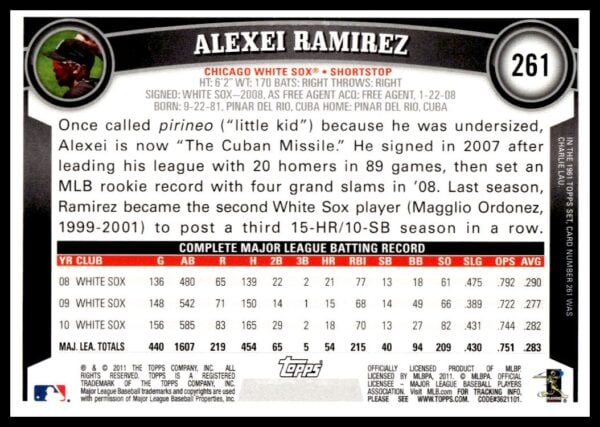 2011 Topps Alexei Ramirez Diamond Anniversary #261 (Back)