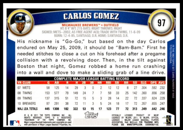 2011 Topps Carlos Gomez Diamond Anniversary #97 (Back)