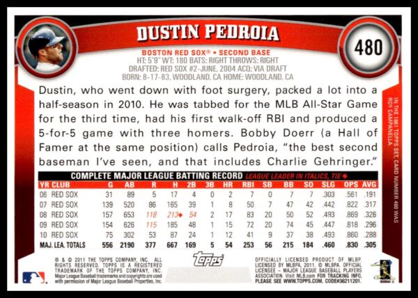 2011 Topps Dustin Pedroia Diamond Anniversary #480 (Back)