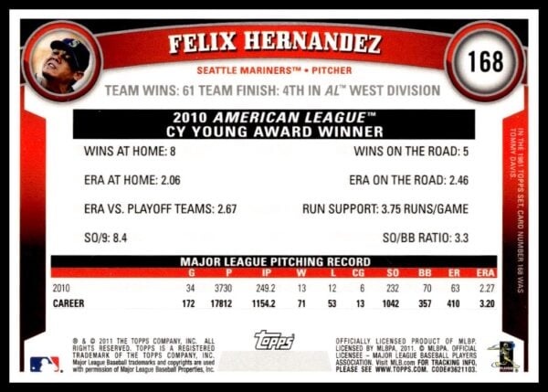 2011 Topps Felix Hernandez Diamond Anniversary #168 (Back)