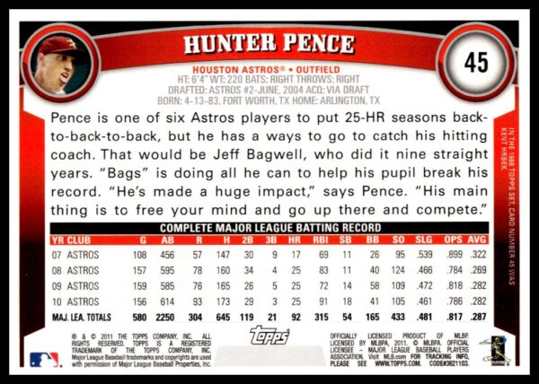 2011 Topps Hunter Pence Diamond Anniversary #45 (Back)