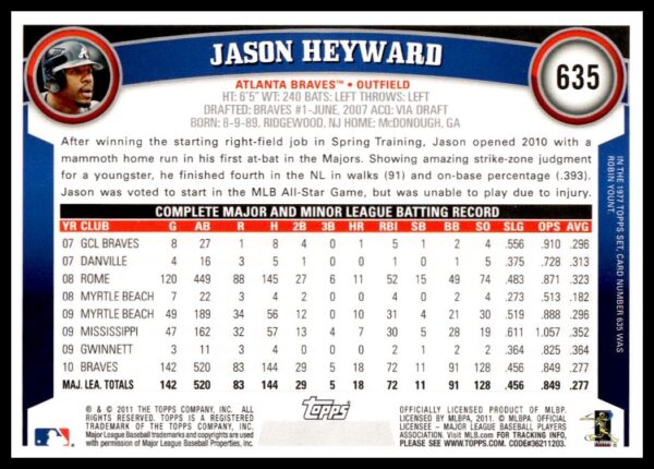 2011 Topps Jason Heyward Diamond Anniversary #635 (Back)