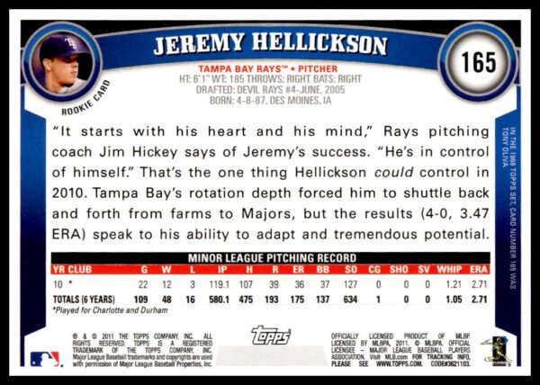 2011 Topps Jeremy Hellickson Diamond Anniversary #165 (Back)