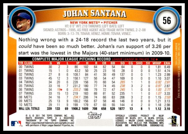 2011 Topps Johan Santana Diamond Anniversary #56 (Back)