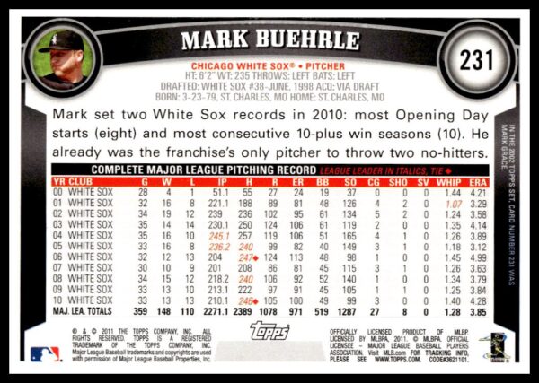 2011 Topps Mark Buehrle Diamond Anniversary #231 (Back)