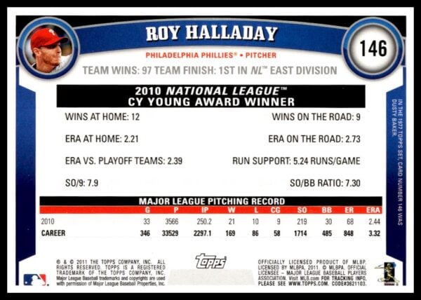 2011 Topps Roy Halladay Diamond Anniversary #146 (Back)