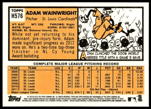 2012 Topps Heritage High Number Adam Wainwright #H576 (Back)