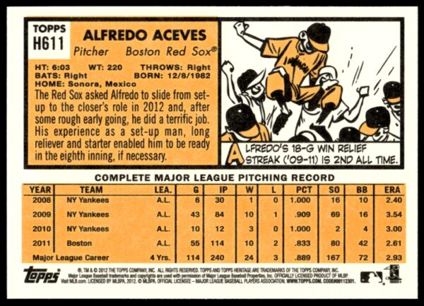 2012 Topps Heritage High Number Alfredo Aceves #H611 (Back)