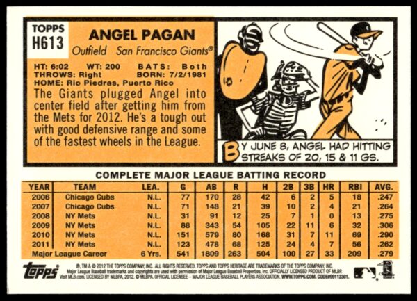 2012 Topps Heritage High Number Angel Pagan #H613 (Back)