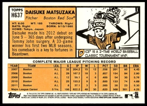 2012 Topps Heritage High Number Daisuke Matsuzaka #H637 (Back)