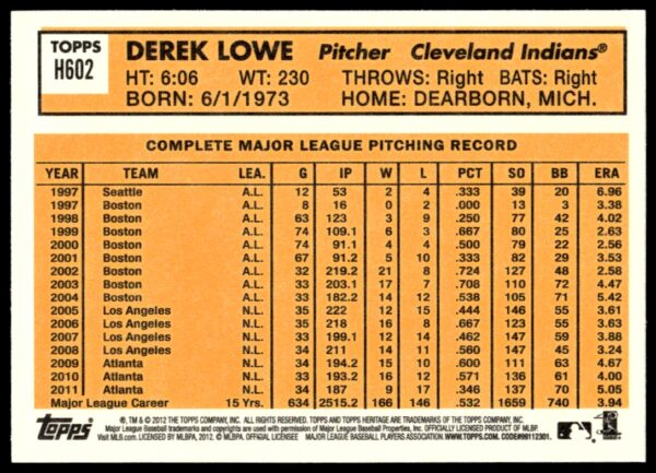 2012 Topps Heritage High Number Derek Lowe #H602 (Back)