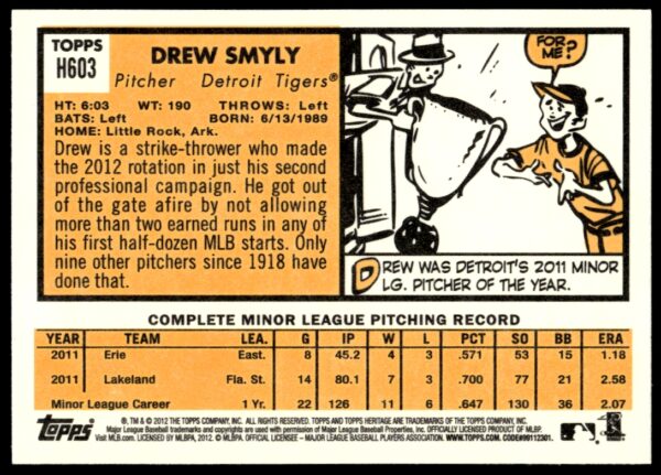 2012 Topps Heritage High Number Drew Smyly #H603 (Back)