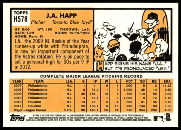 2012 Topps Heritage High Number J.A. Happ #H578 (Back)