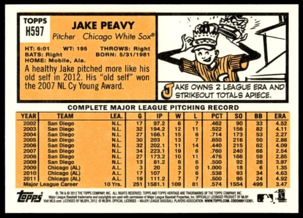 2012 Topps Heritage High Number Jake Peavy #H597 (Back)