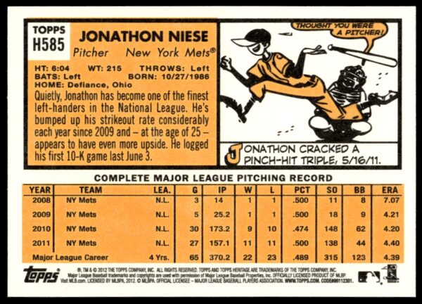 2012 Topps Heritage High Number Jon Niese #H585 (Back)