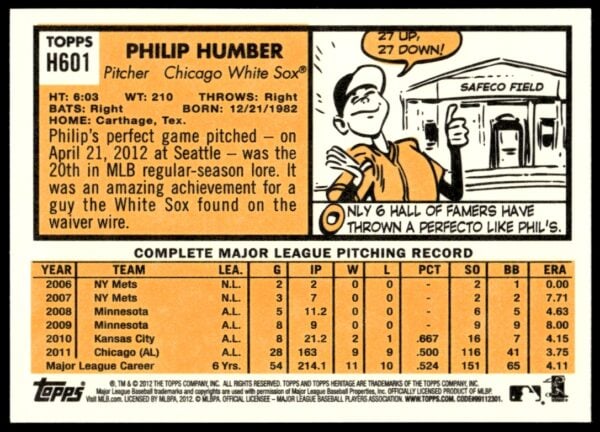 2012 Topps Heritage High Number Philip Humber #H601 (Back)