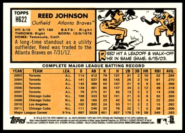 2012 Topps Heritage High Number Reed Johnson #H622 (Back)