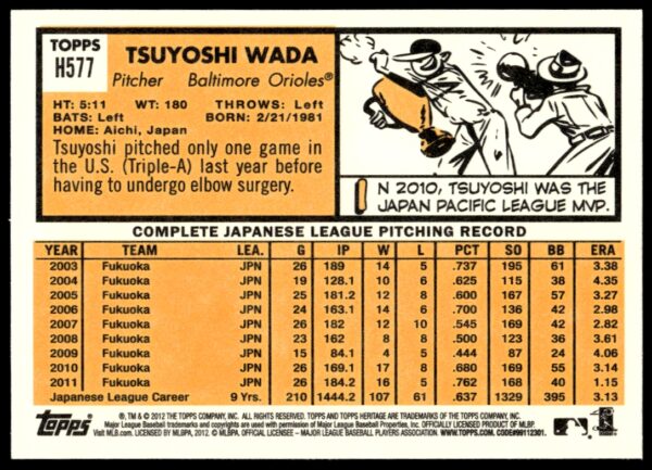 2012 Topps Heritage High Number Tsuyoshi Wada #H577 (Back)