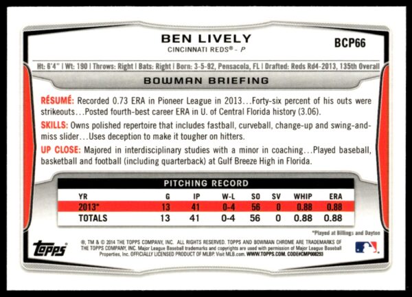 2014 Bowman Chrome Ben Lively Prospects #BCP66 (Back)