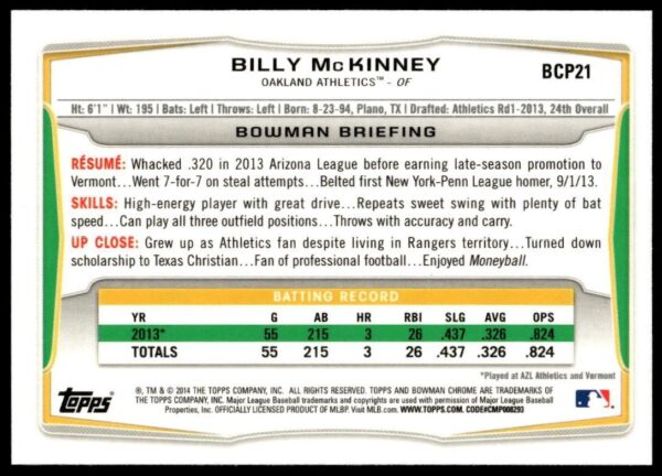 2014 Bowman Chrome Billy McKinney Prospects #BCP21 (Back)