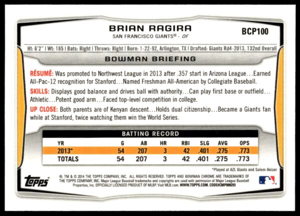 2014 Bowman Chrome Brian Ragira Prospects #BCP100 (Back)