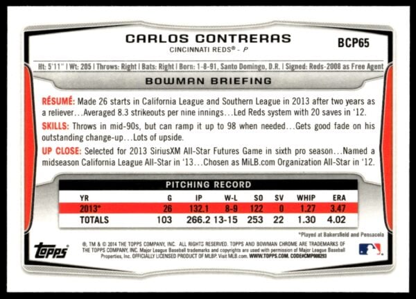 2014 Bowman Chrome Carlos Contreras Prospects #BCP65 (Back)