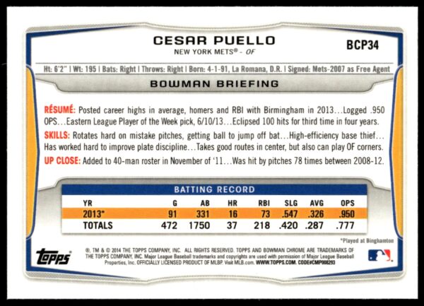 2014 Bowman Chrome Cesar Puello Prospects #BCP34 (Back)