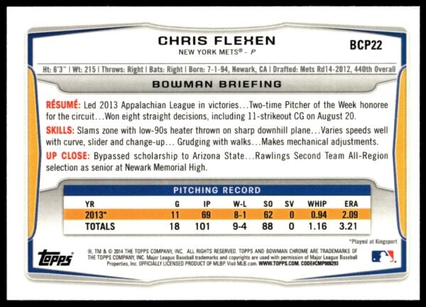 2014 Bowman Chrome Chris Flexen Prospects #BCP22 (Back)