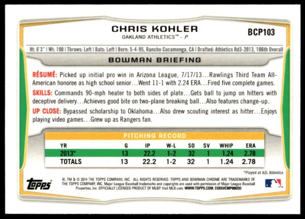 2014 Bowman Chrome Chris Kohler Prospects #BCP103 (Back)