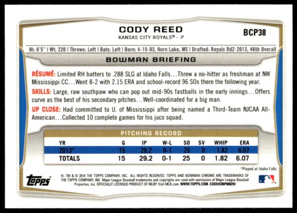 2014 Bowman Chrome Cody Reed Prospects #BCP38 (Back)