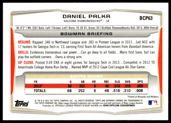 2014 Bowman Chrome Daniel Palka Prospects #BCP63 (Back)