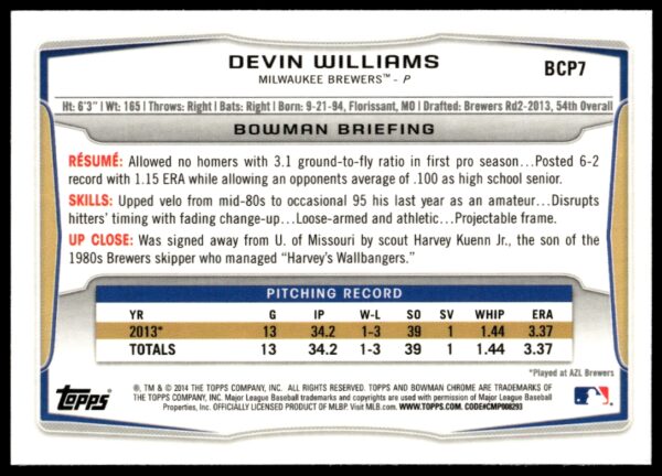 2014 Bowman Chrome Devin Williams Prospects #BCP7 (Back)