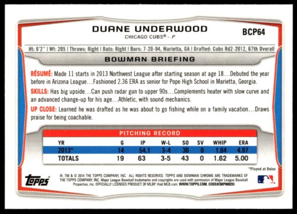 2014 Bowman Chrome Duane Underwood Prospects #BCP64 (Back)