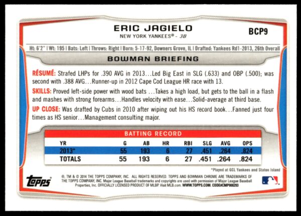 2014 Bowman Chrome Eric Jagielo Prospects #BCP9 (Back)