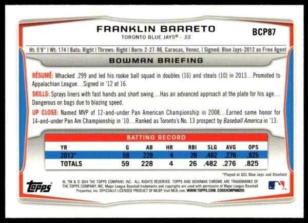 2014 Bowman Chrome Franklin Barreto Prospects #BCP87 (Back)