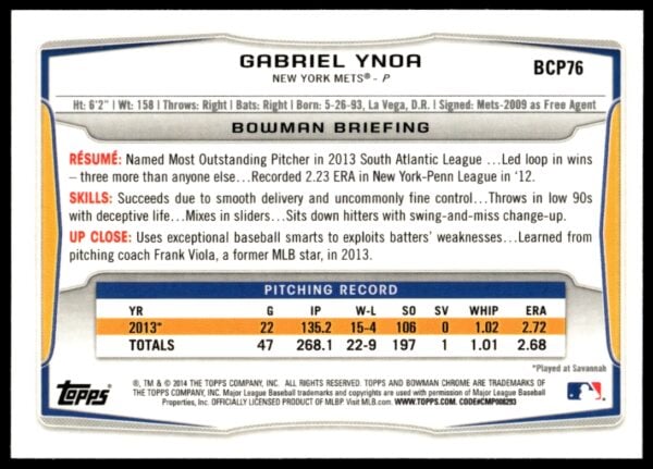 2014 Bowman Chrome Gabriel Ynoa Prospects #BCP76 (Back)