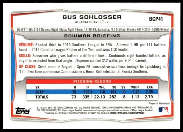 2014 Bowman Chrome Gus Schlosser Prospects #BCP41 (Back)