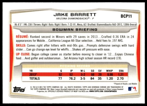 2014 Bowman Chrome Jake Barrett Prospects #BCP11 (Back)