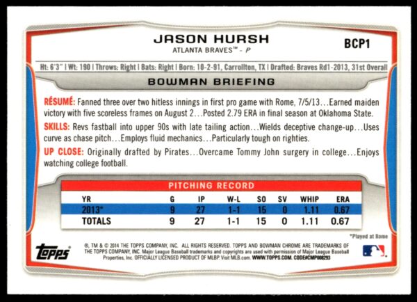 2014 Bowman Chrome Jason Hursh Prospects #BCP1 (Back)