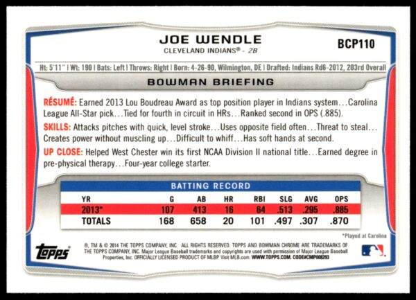 2014 Bowman Chrome Joe Wendle Prospects #BCP110 (Back)