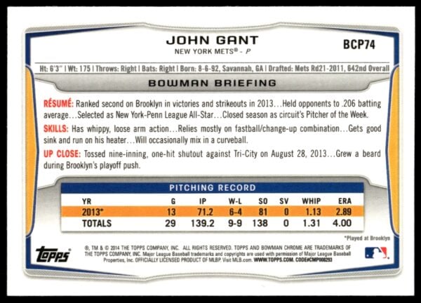 2014 Bowman Chrome John Gant Prospects #BCP74 (Back)