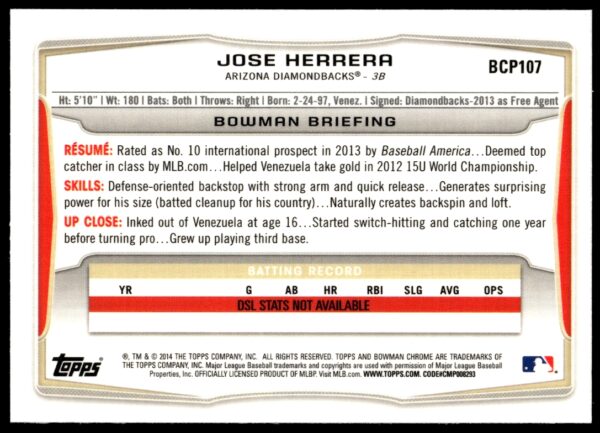 2014 Bowman Chrome Jose Herrera Prospects #BCP107 (Back)